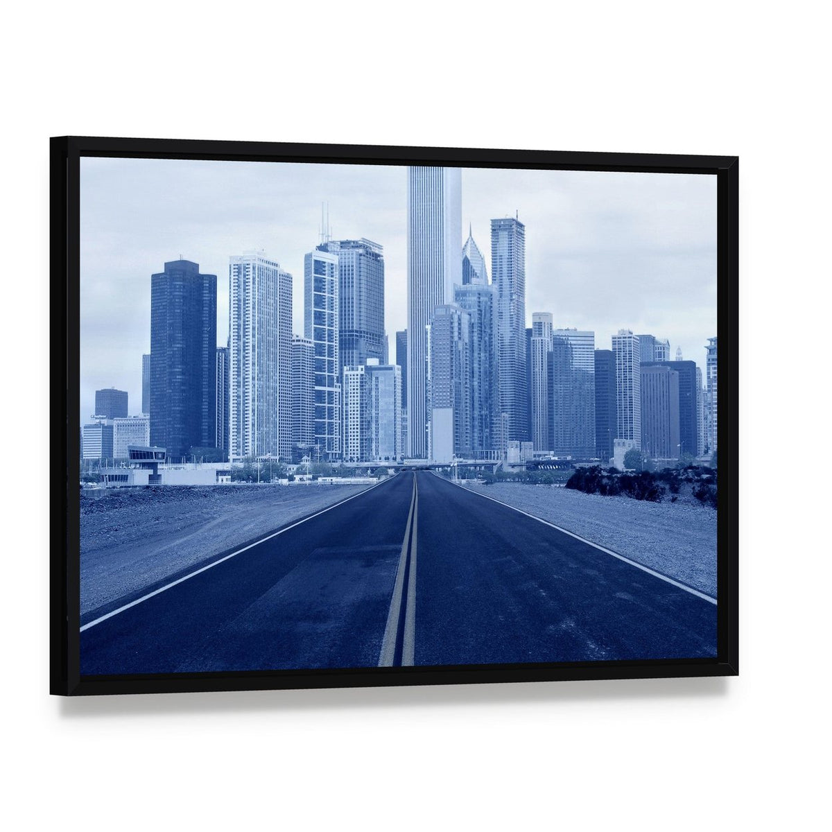 Road Approaching City Skyscrapers Canvas Wall Art, framed canvas in a black floater frame, angled product view