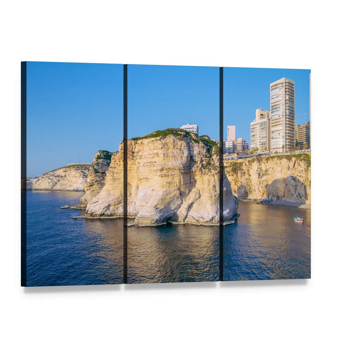 Beirut Pigeon Rocks Coastal Cliffs Canvas Wall Art, 3 panel 3 Horizontal layout gallery wrapped canvas set, angled product view