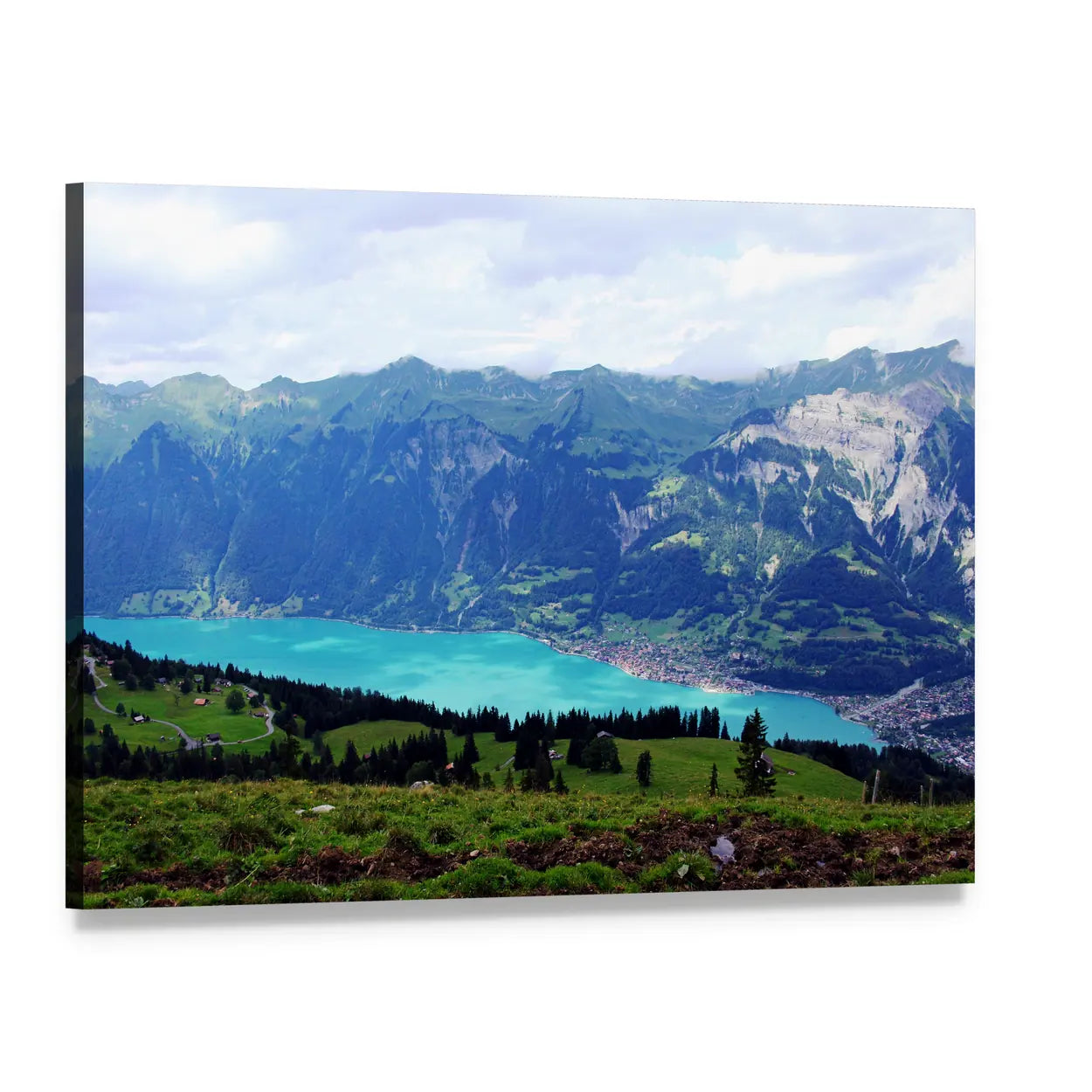 Turquoise Mountain Lake Landscape Canvas Wall Art, single panel gallery wrapped canvas, angled product view
