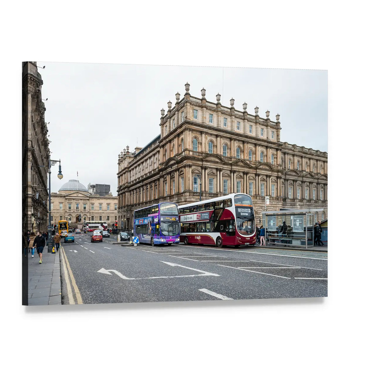 Edinburgh City Street with Double-decker Buses Canvas Wall Art, single panel gallery wrapped canvas, angled product view