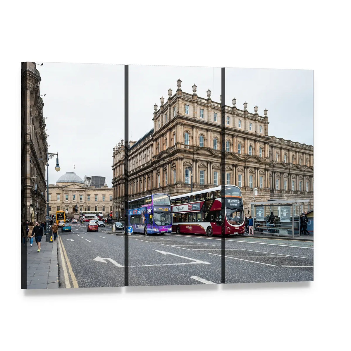 Edinburgh City Street with Double-decker Buses Canvas Wall Art, 3 panel 3 Horizontal layout gallery wrapped canvas set, angled product view