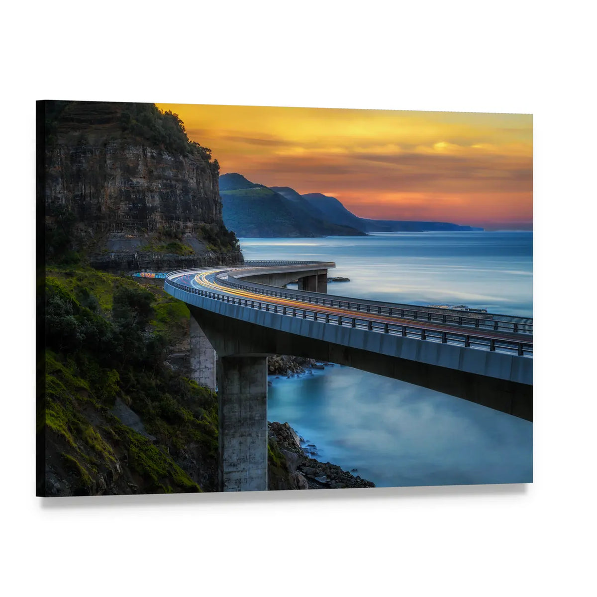 Curving Coastal Bridge at Sunset Canvas Wall Art, single panel gallery wrapped canvas, angled product view
