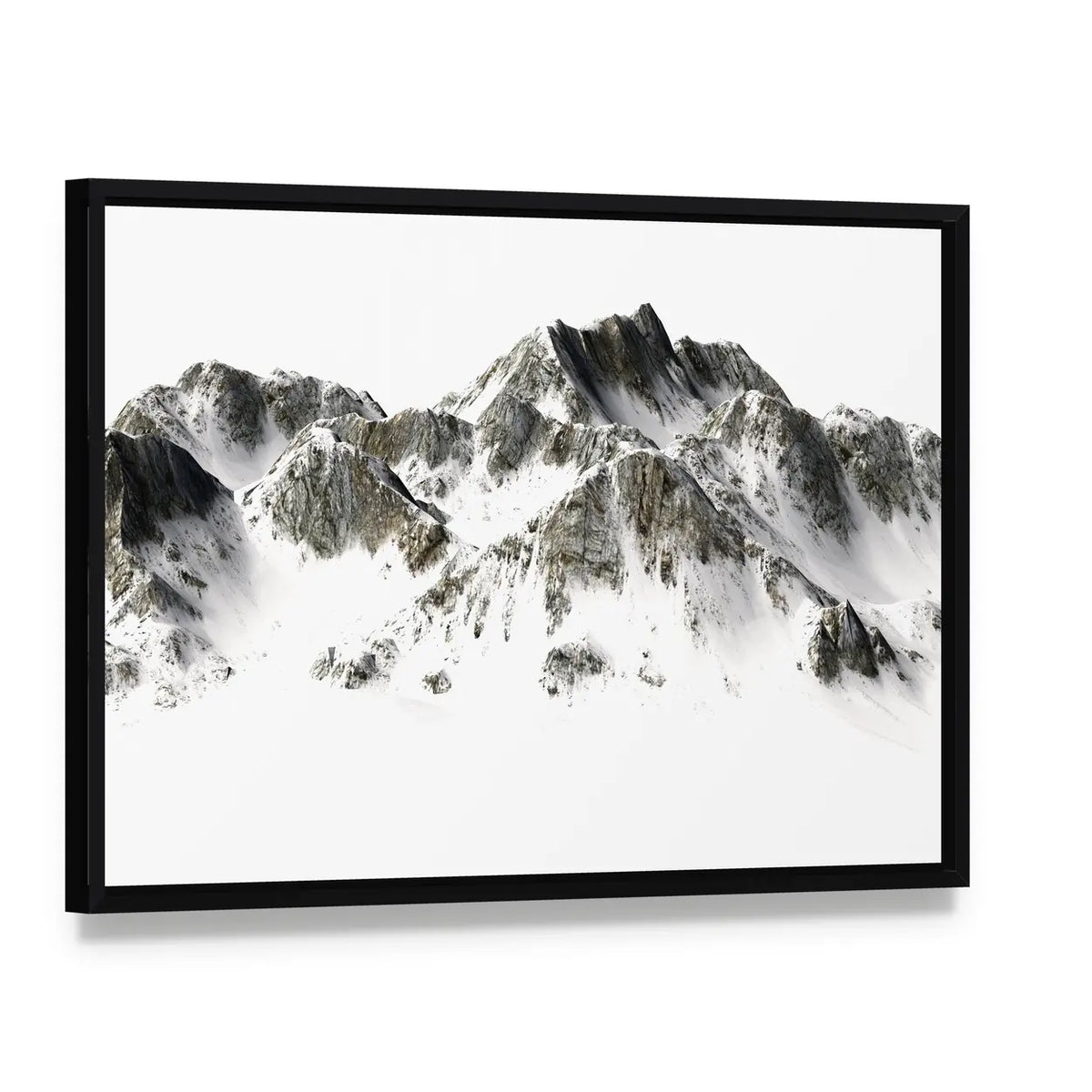 Snowy Mountain Peak Canvas Wall Art, framed canvas in a black floater frame, angled product view