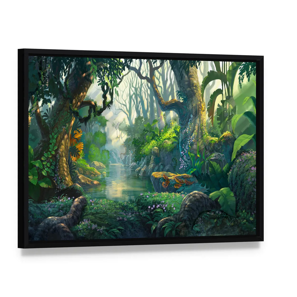 Fantasy Forest Canvas Wall Art, framed canvas in a black floater frame, angled product view