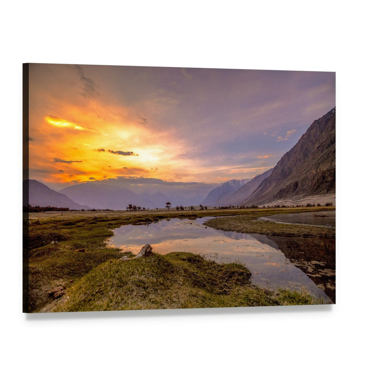 Sunset Over Mountain River Canvas Wall Art, single panel gallery wrapped canvas, angled product view