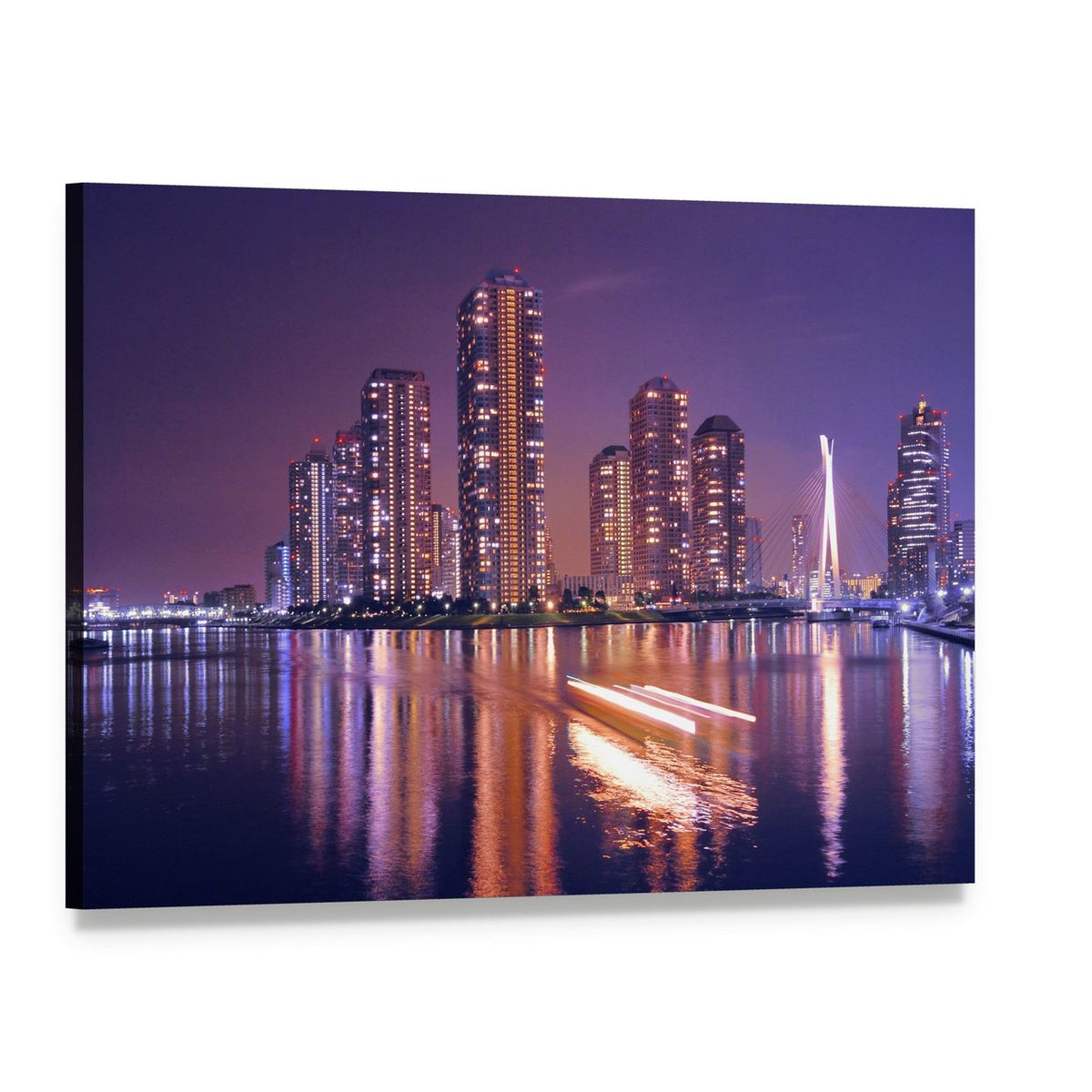 Modern Tokyo Night Skyline Canvas Wall Art, single panel gallery wrapped canvas, angled product view