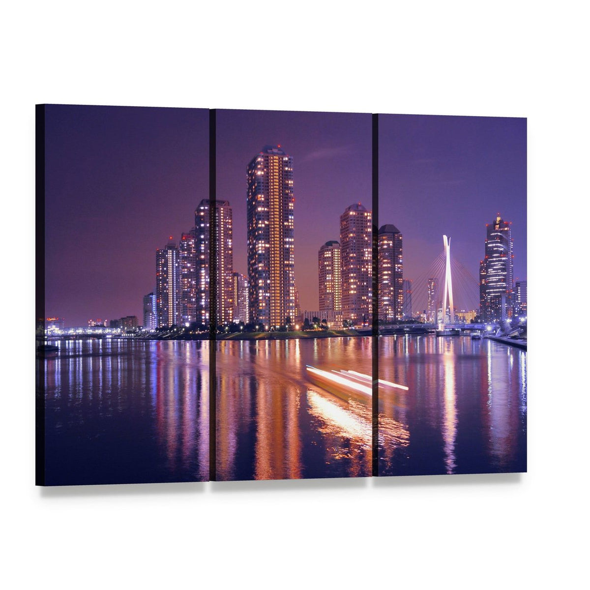 Modern Tokyo Night Skyline Canvas Wall Art, 3 panel 3 Horizontal layout gallery wrapped canvas set, angled product view