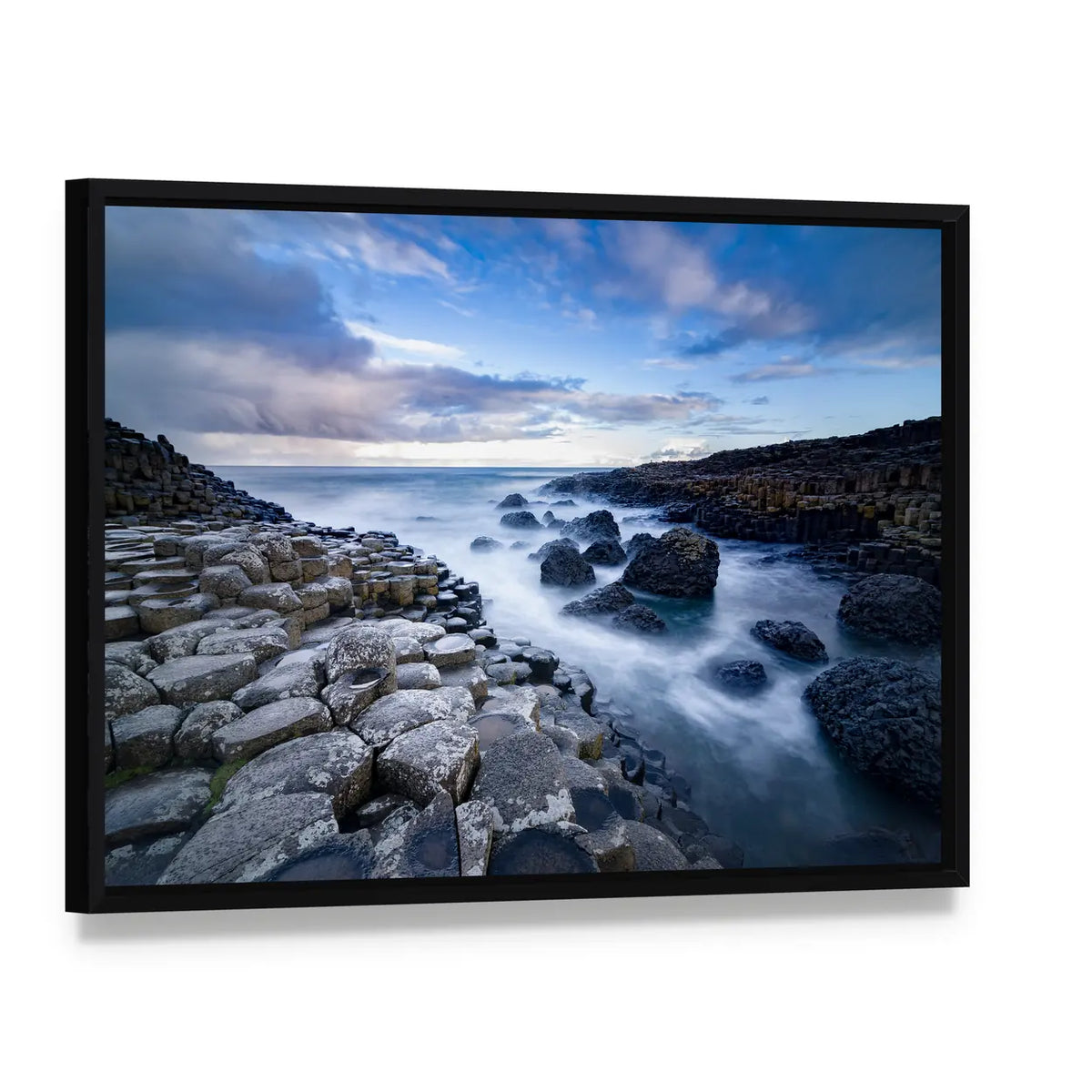 Giant's Causeway Basalt Columns, Ireland Canvas Wall Art, framed canvas in a black floater frame, angled product view