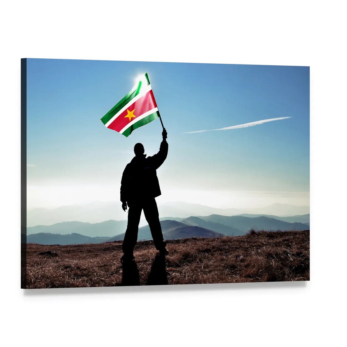 Man Waving Suriname Flag Canvas Wall Art, single panel gallery wrapped canvas, angled product view