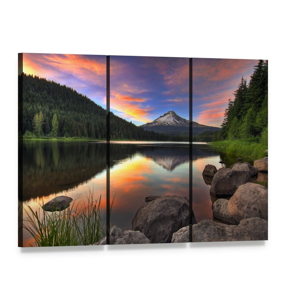 Sunset Over Trillium Lake Canvas Wall Art, 3 panel 3 Horizontal layout gallery wrapped canvas set, angled product view
