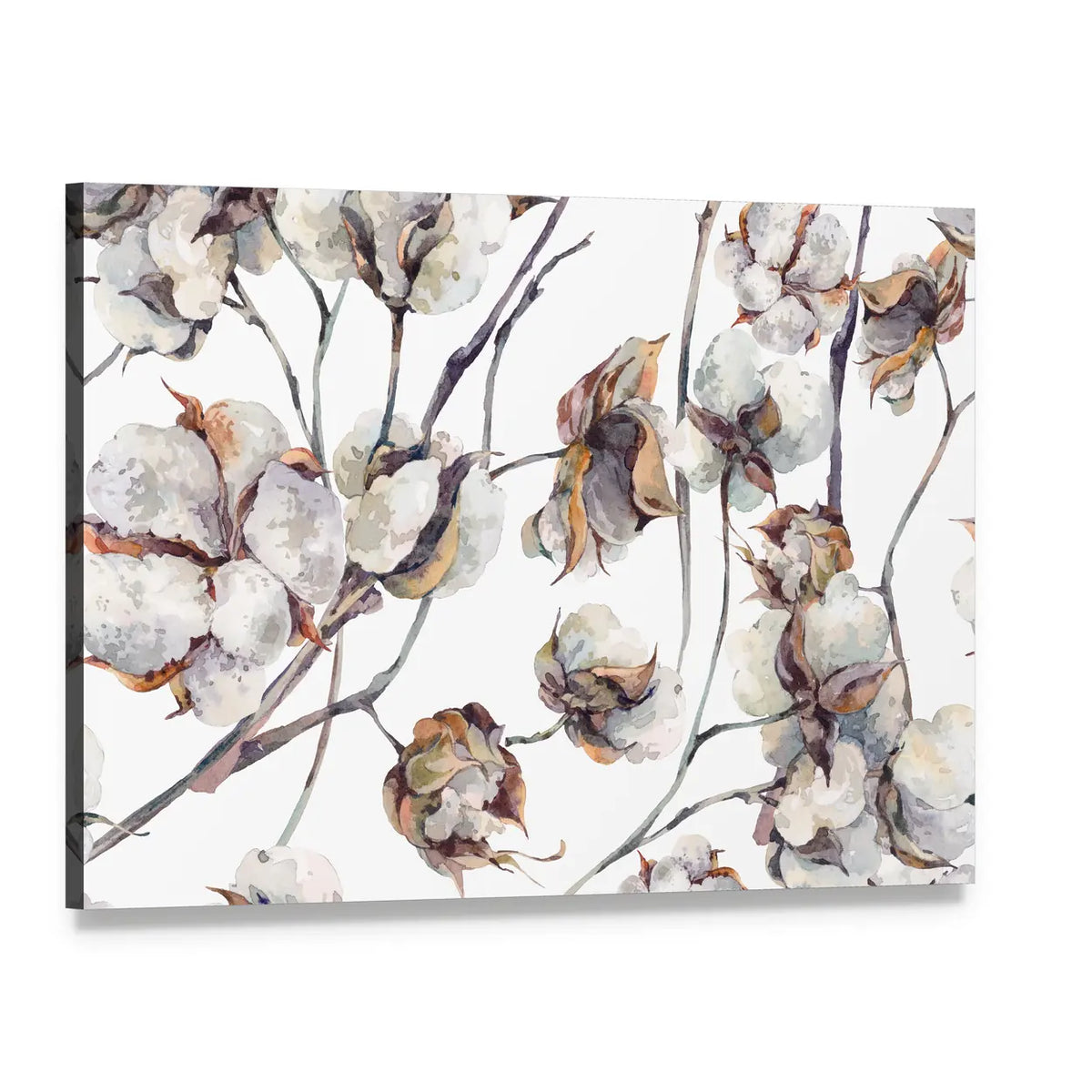 Cotton Bolls Watercolor Pattern Canvas Wall Art, single panel gallery wrapped canvas, angled product view
