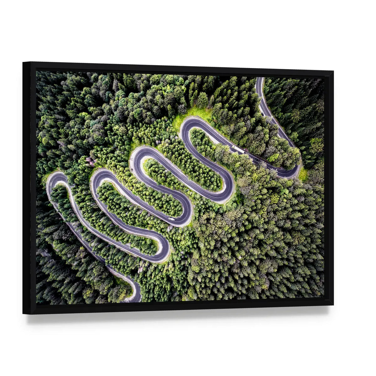 Transfagarasan Curvy Road In Romania Canvas Wall Art, framed canvas in a black floater frame, angled product view