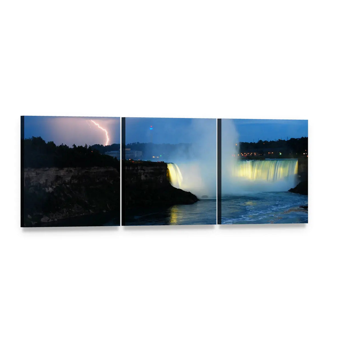 Night Storm Over Waterfall Panoramic Canvas Wall Art, 3 panel 3 Piece layout gallery wrapped canvas set, angled product view