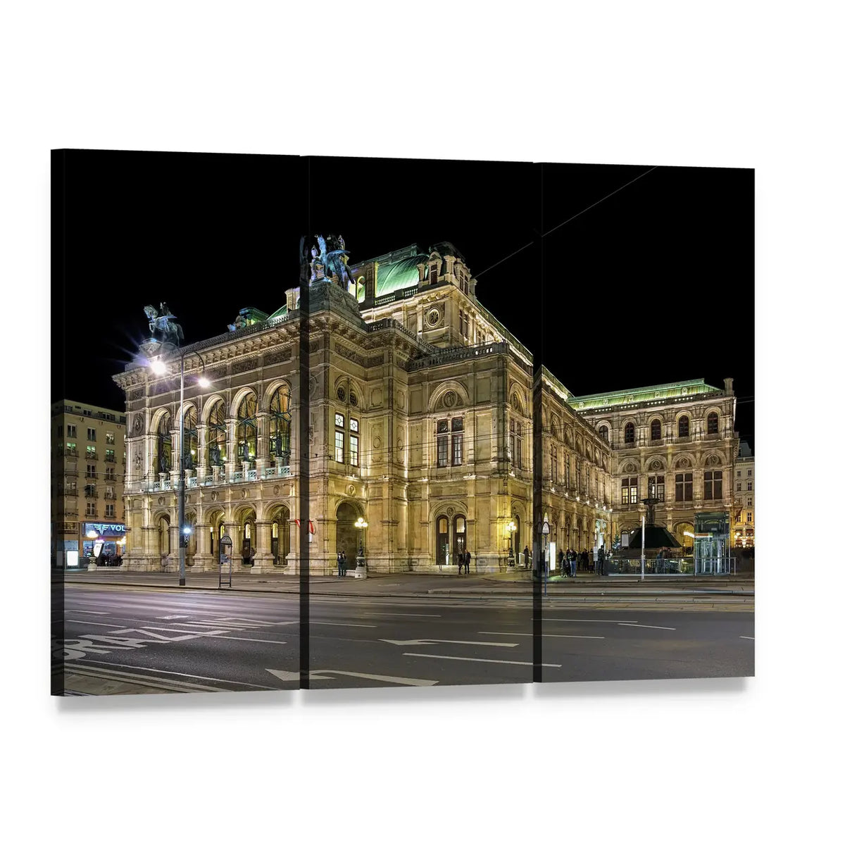 Night View of Vienna State Opera Canvas Wall Art, 3 panel 3 Horizontal layout gallery wrapped canvas set, angled product view