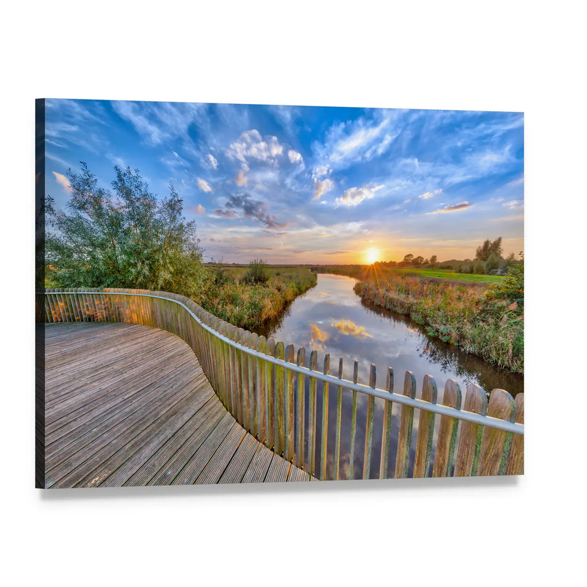 Sunset Over Wooden Boardwalk and River Canvas Wall Art, single panel gallery wrapped canvas, angled product view