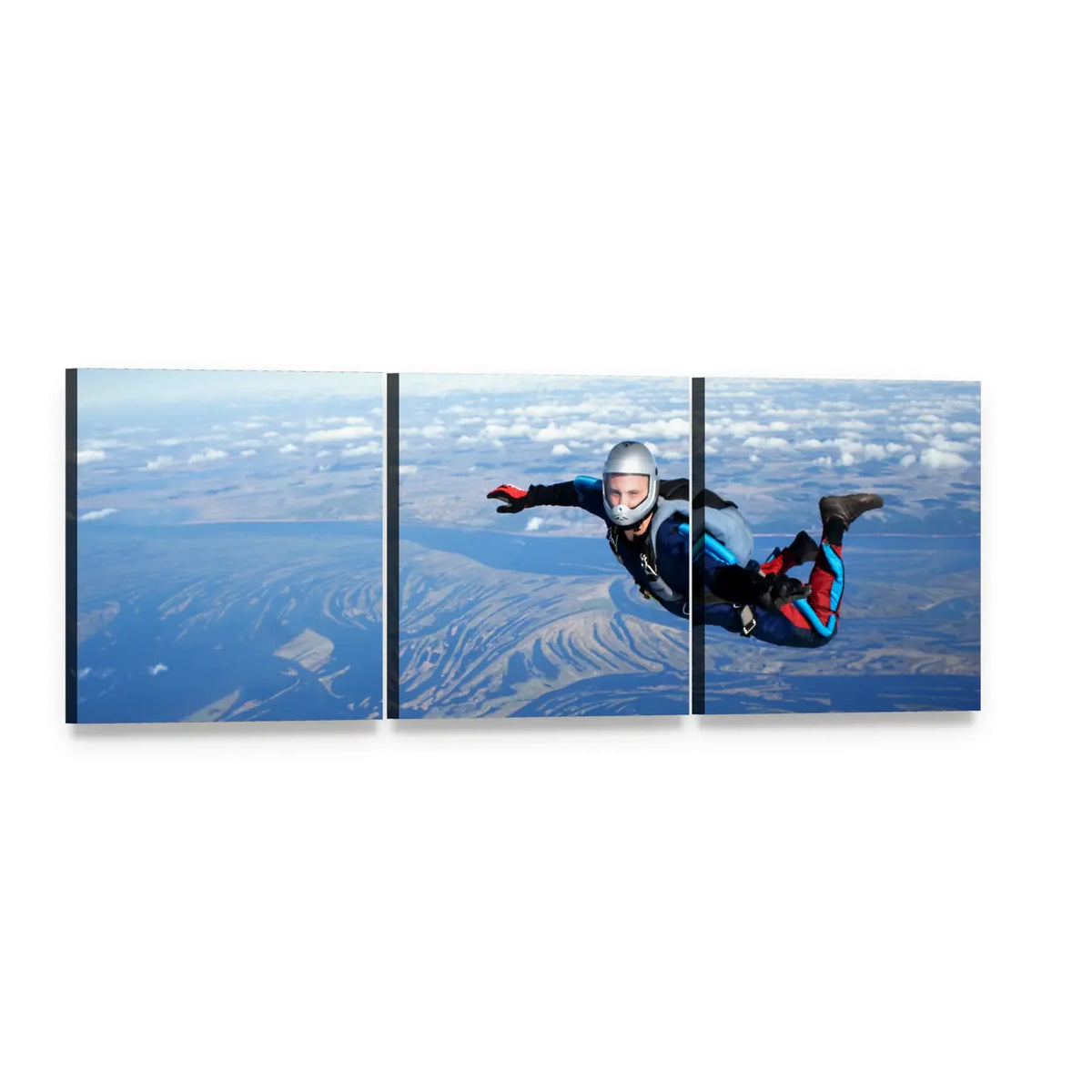 Skydiver Above Winding River Panoramic Canvas Wall Art, 3 panel 3 Piece layout gallery wrapped canvas set, angled product view