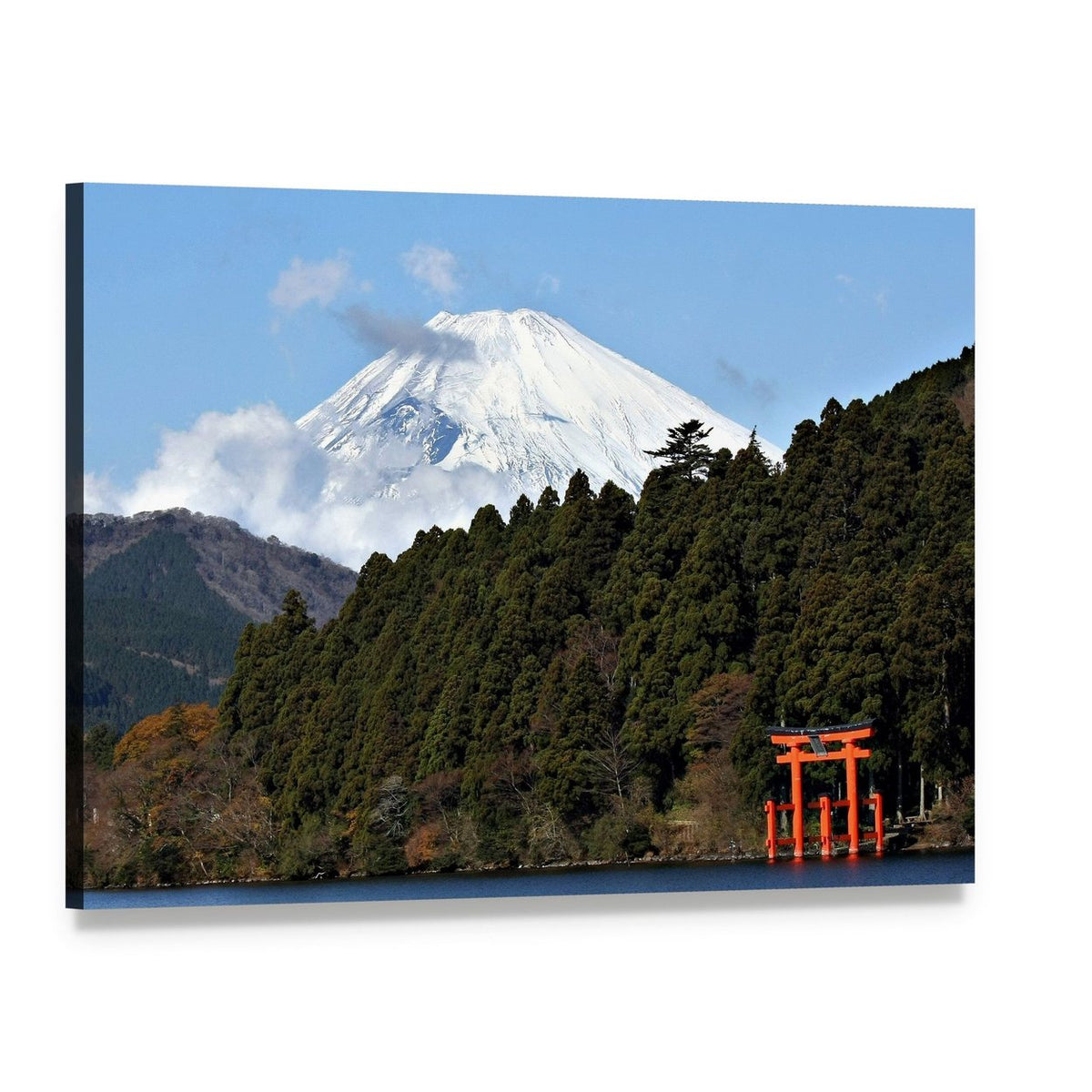 Lake Ashi Japan with Mount Fuji and Torii Gate Canvas Wall Art, single panel gallery wrapped canvas, angled product view