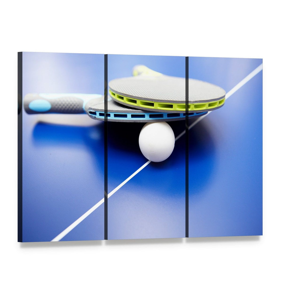 Table Tennis Rackets and Ball on Blue Table Canvas Wall Art, 3 panel 3 Horizontal layout gallery wrapped canvas set, angled product view