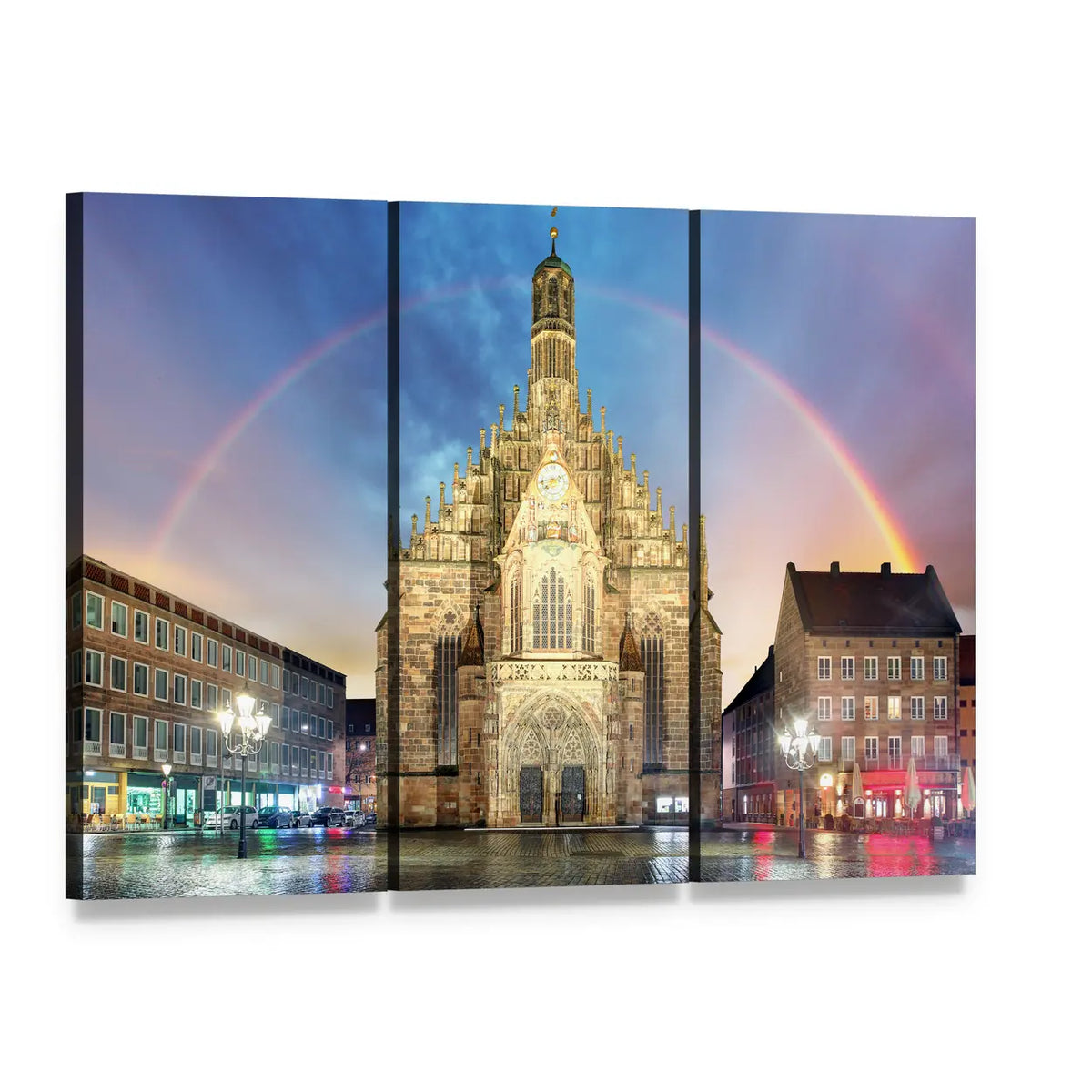 Frauenkirche with Evening Rainbow Canvas Wall Art, 3 panel 3 Horizontal layout gallery wrapped canvas set, angled product view