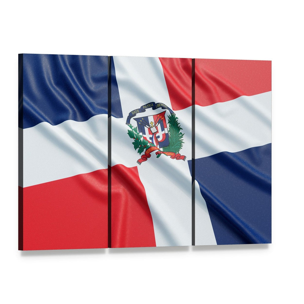 Dominican Republic Flag Canvas Wall Art, 3 panel 3 Horizontal layout gallery wrapped canvas set, angled product view