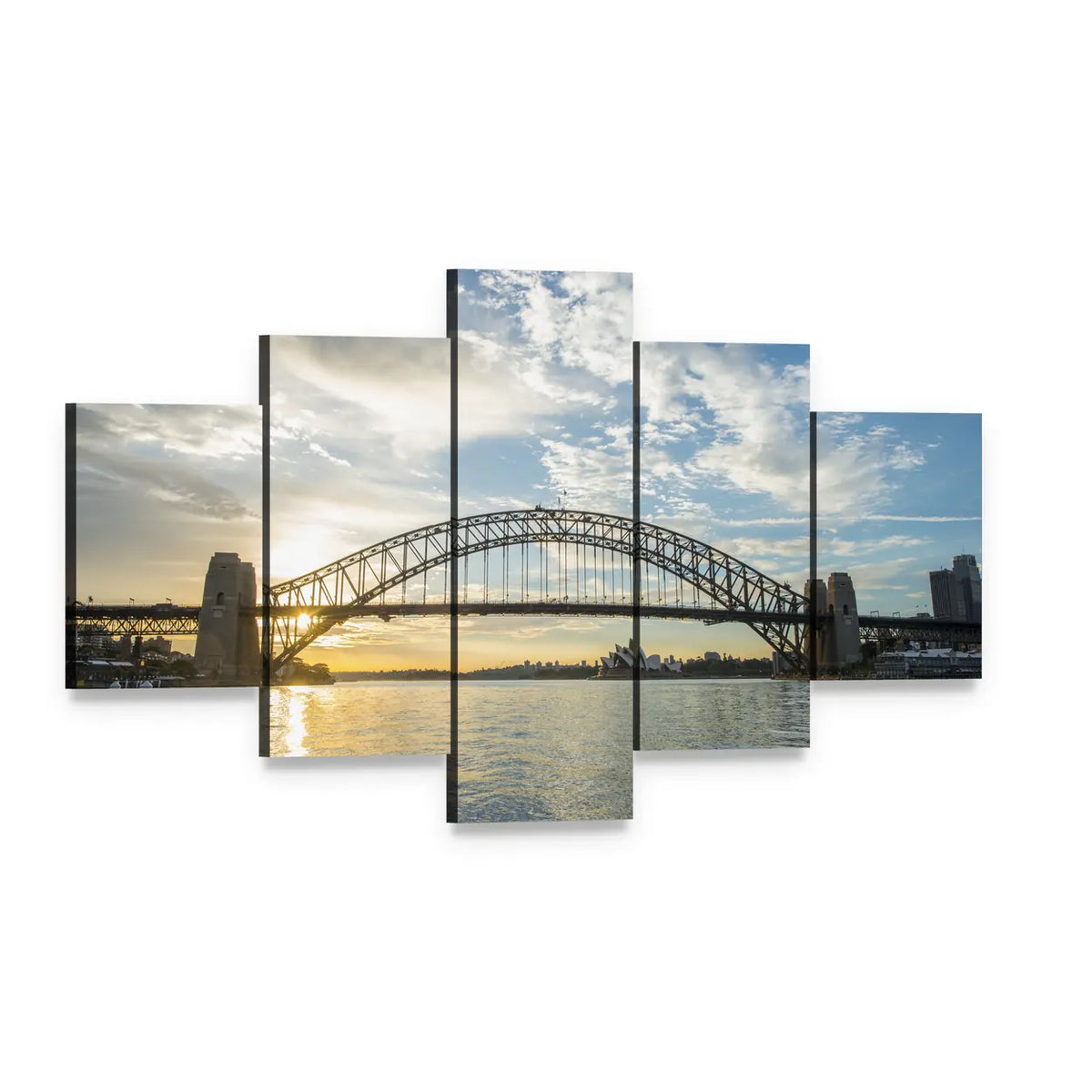 Sunrise Over Sydney Harbour Bridge Canvas Wall Art, 5 panel 5 Star layout gallery wrapped canvas set, angled product view