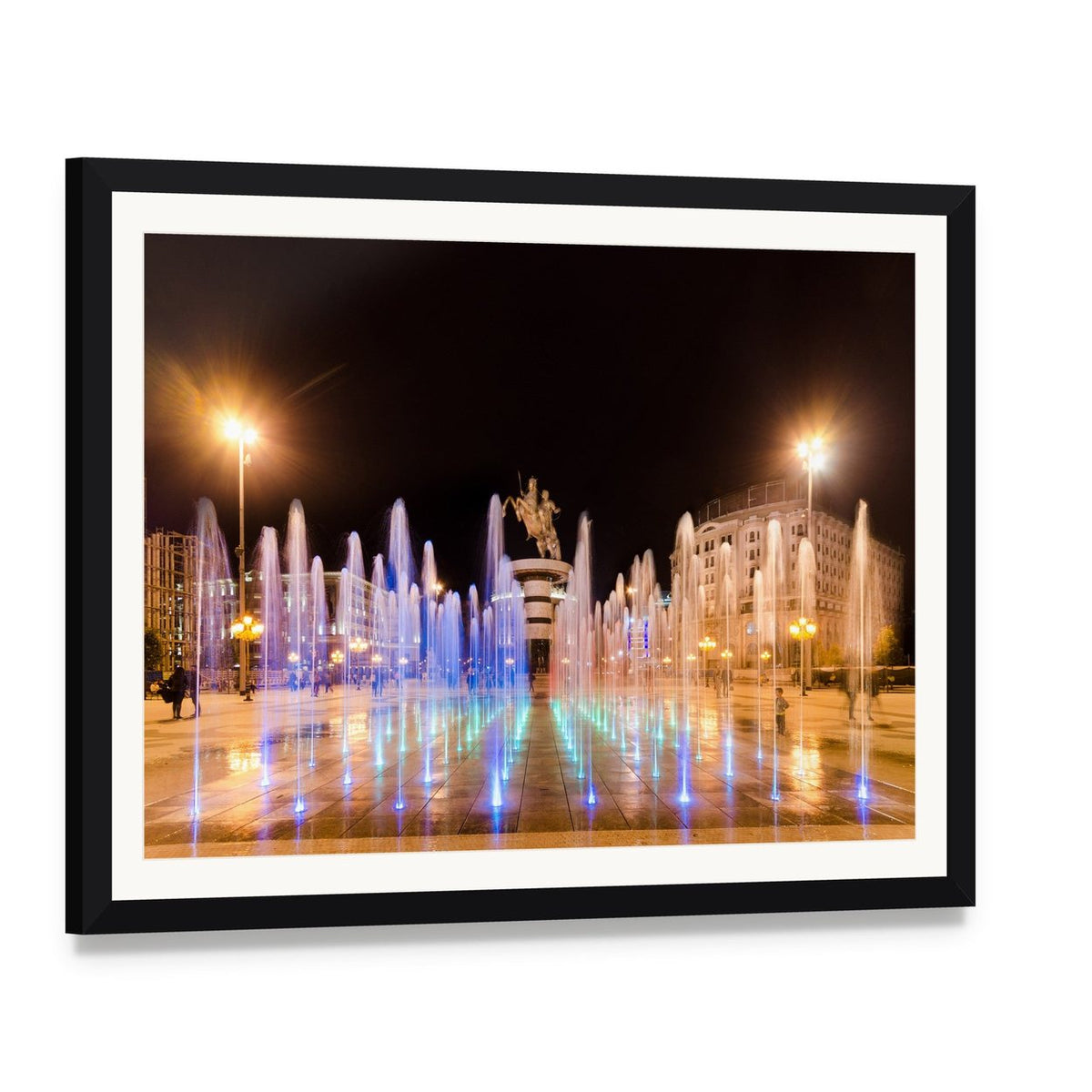 Dancing Fountains in Macedonia at Night Canvas Wall Art, framed print with white mat and black frame, angled product view