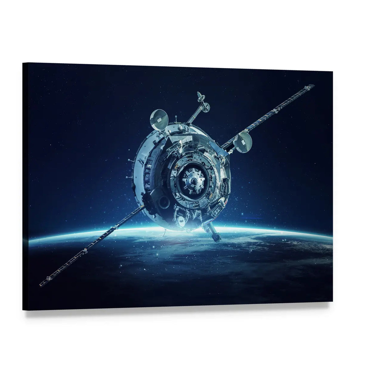 Alien Spaceship Above Earth Orbit Canvas Wall Art, single panel gallery wrapped canvas, angled product view