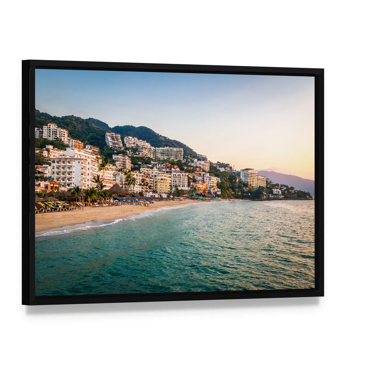 Puerto Vallarta Beach and Hillside Town Canvas Wall Art, framed canvas in a black floater frame, angled product view