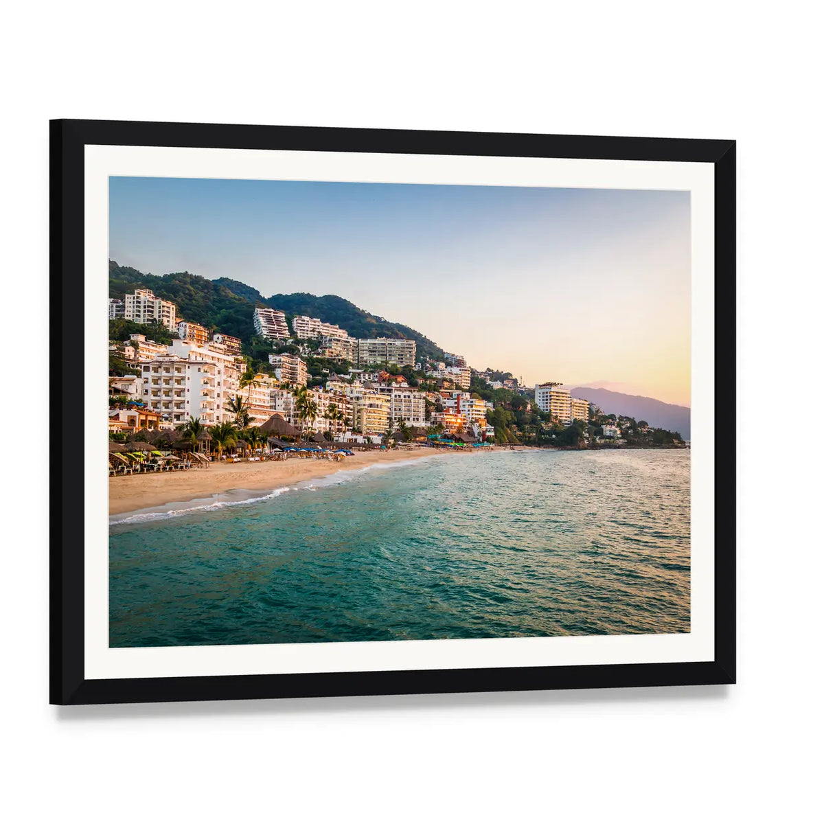 Puerto Vallarta Beach and Hillside Town Canvas Wall Art, framed print with white mat and black frame, angled product view