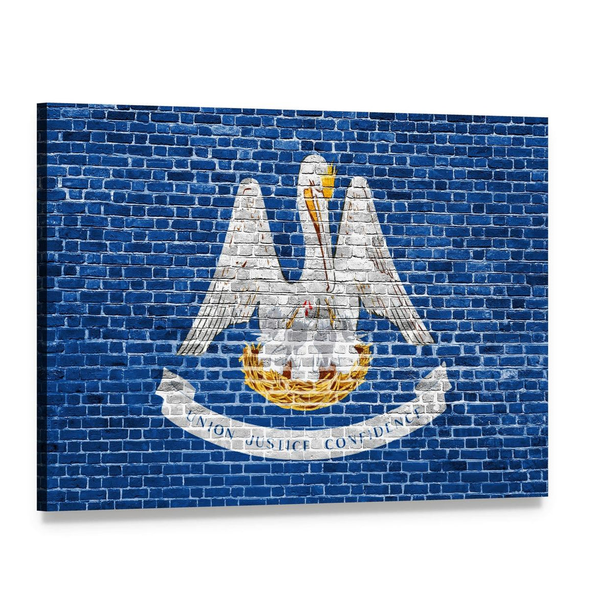 Louisiana State Flag on Blue Brick Canvas Wall Art, single panel gallery wrapped canvas, angled product view