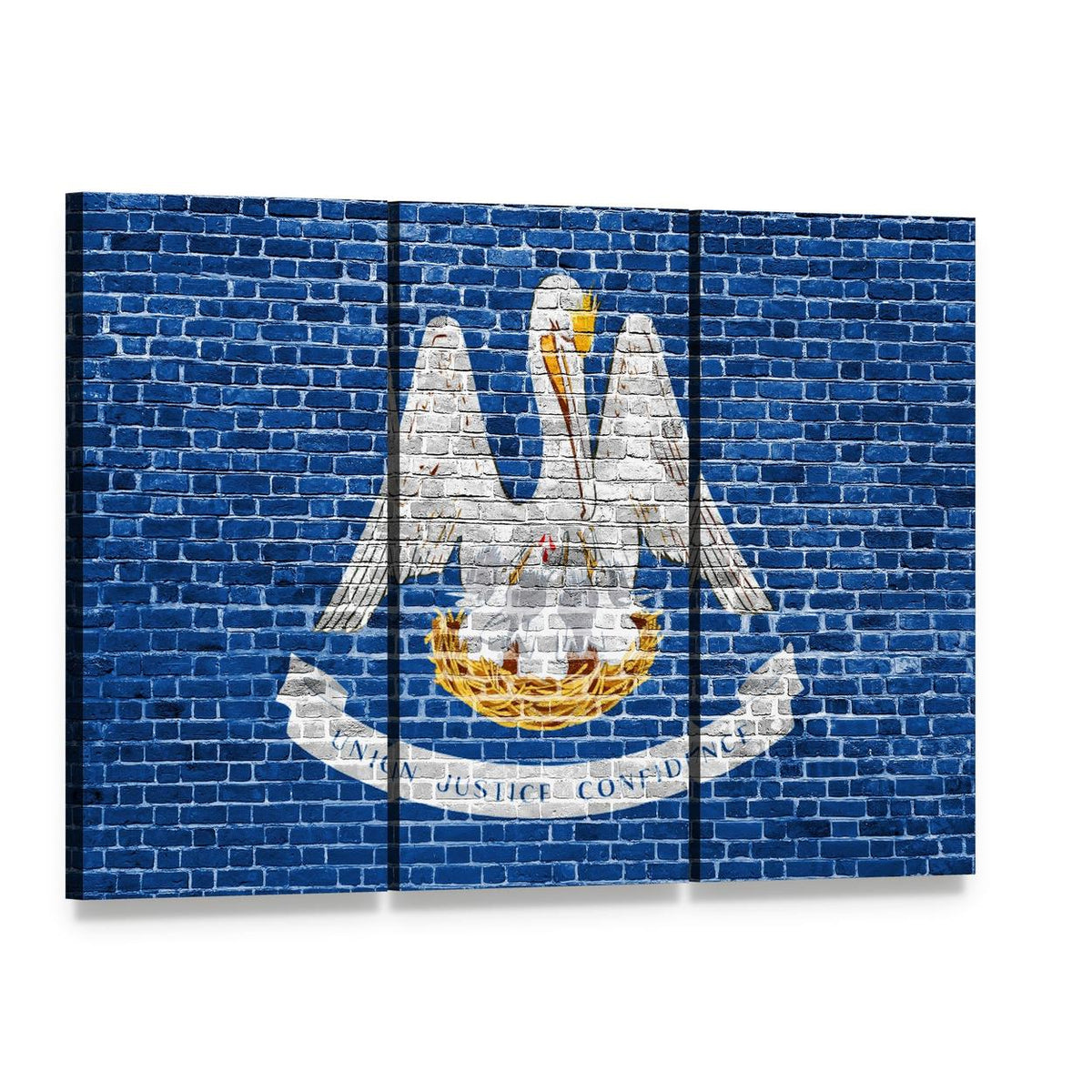 Louisiana State Flag on Blue Brick Canvas Wall Art, 3 panel 3 Horizontal layout gallery wrapped canvas set, angled product view
