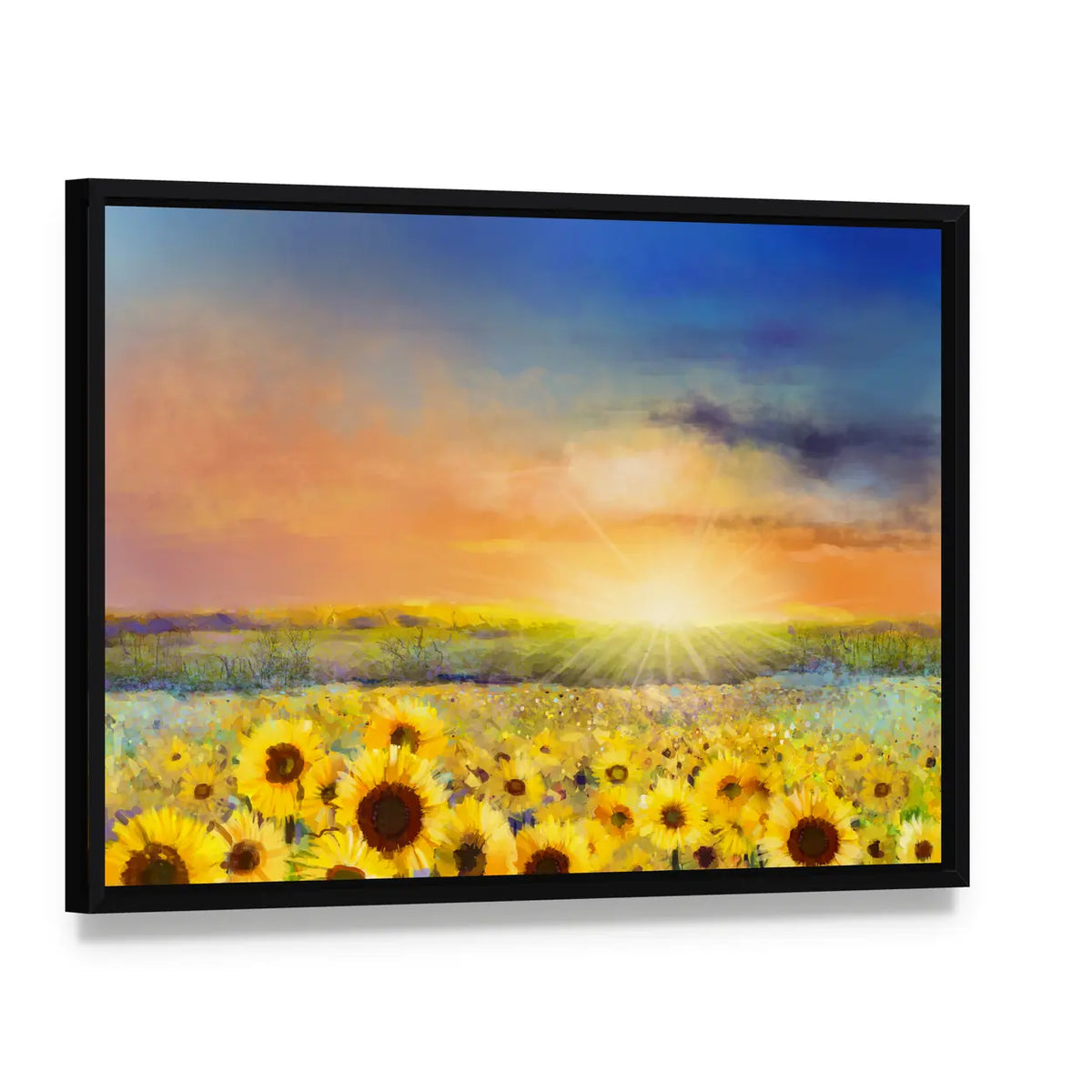 Sunflowers in Warm Sunlight Canvas Wall Art, framed canvas in a black floater frame, angled product view