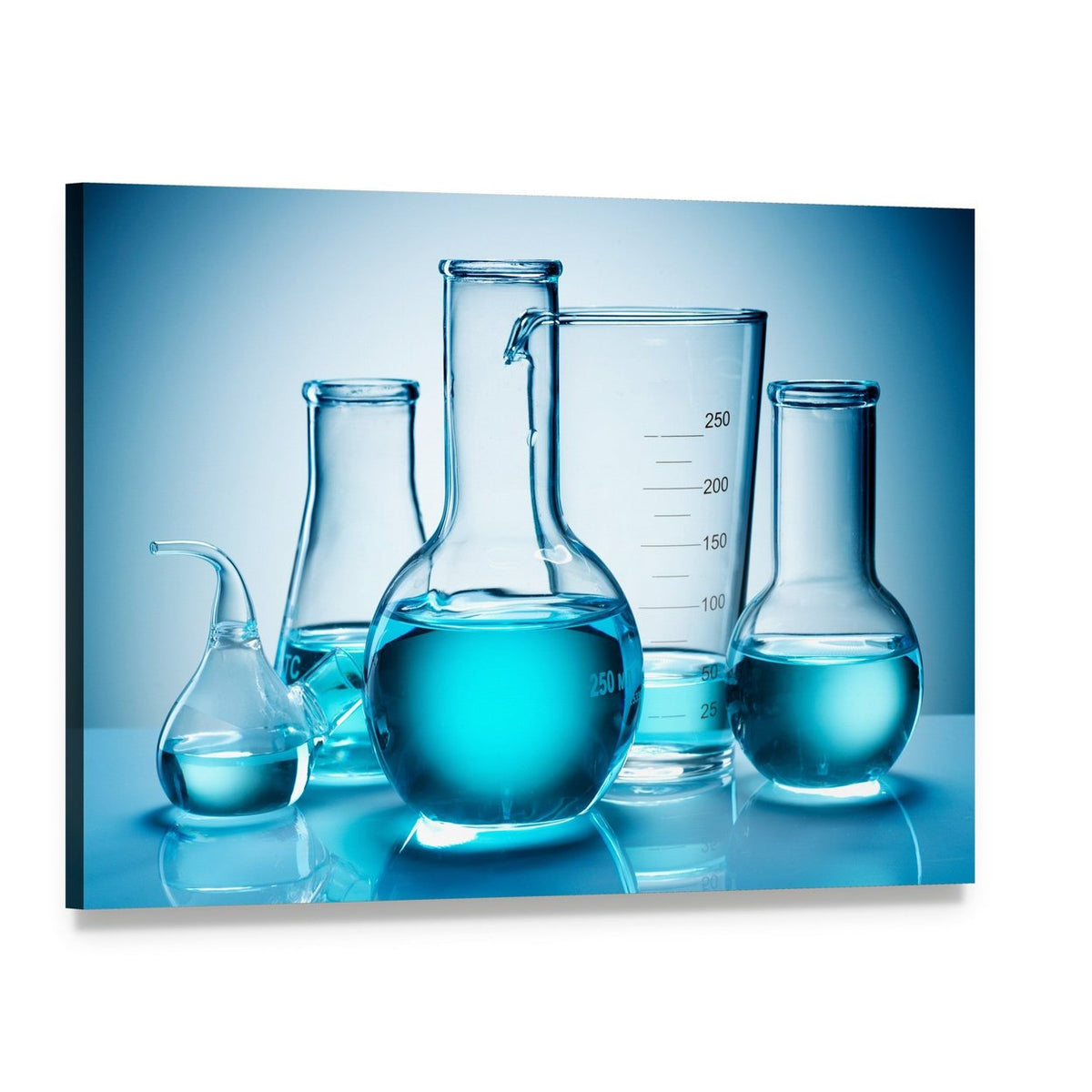 Laboratory Glassware with Blue Liquid Canvas Wall Art, single panel gallery wrapped canvas, angled product view