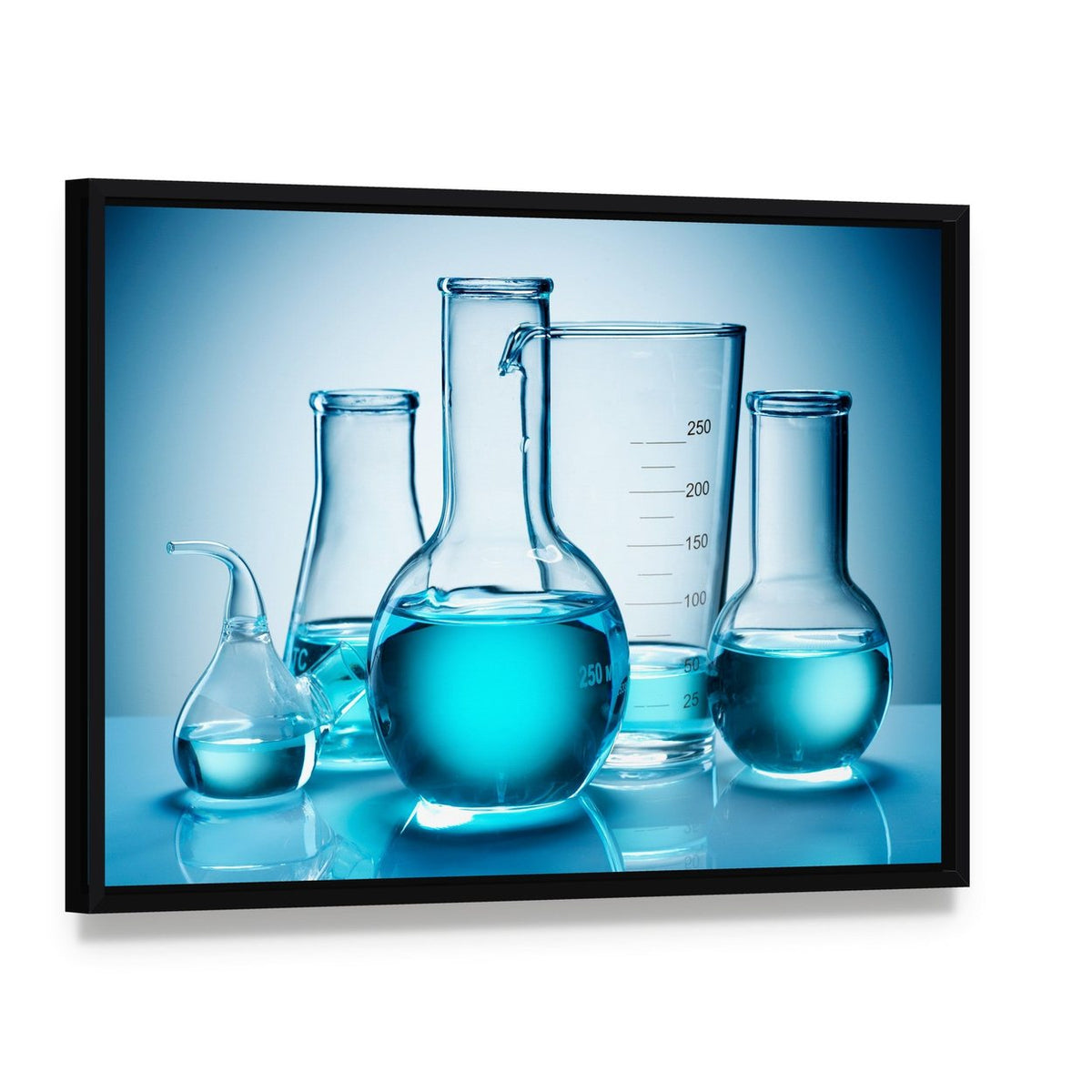 Laboratory Glassware with Blue Liquid Canvas Wall Art, framed canvas in a black floater frame, angled product view