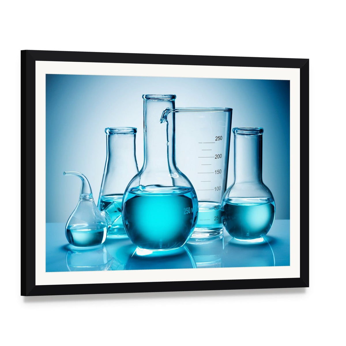 Laboratory Glassware with Blue Liquid Canvas Wall Art, framed print with white mat and black frame, angled product view