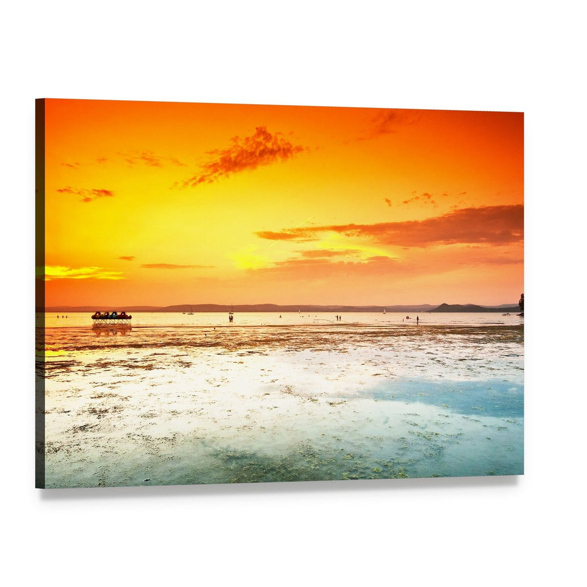 Silhouetted Boat at Sunset Over Calm Water Canvas Wall Art, single panel gallery wrapped canvas, angled product view