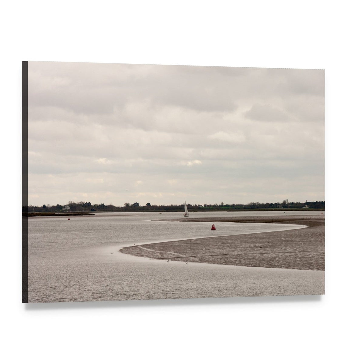 Riverbend with White Sailboat and Mudflats Canvas Wall Art, single panel gallery wrapped canvas, angled product view
