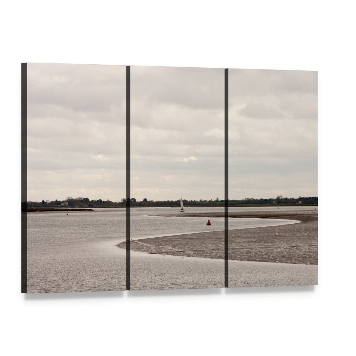 Riverbend with White Sailboat and Mudflats Canvas Wall Art, 3 panel 3 Horizontal layout gallery wrapped canvas set, angled product view
