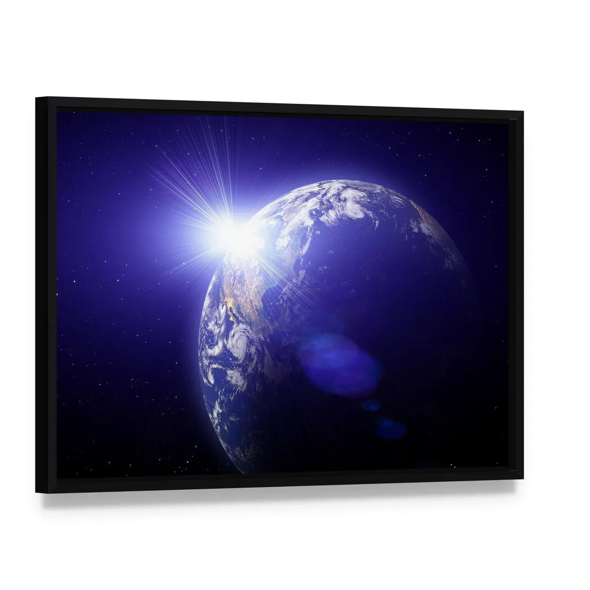 Planet Earth and Sun View from Outer Space Canvas Wall Art, framed canvas in a black floater frame, angled product view
