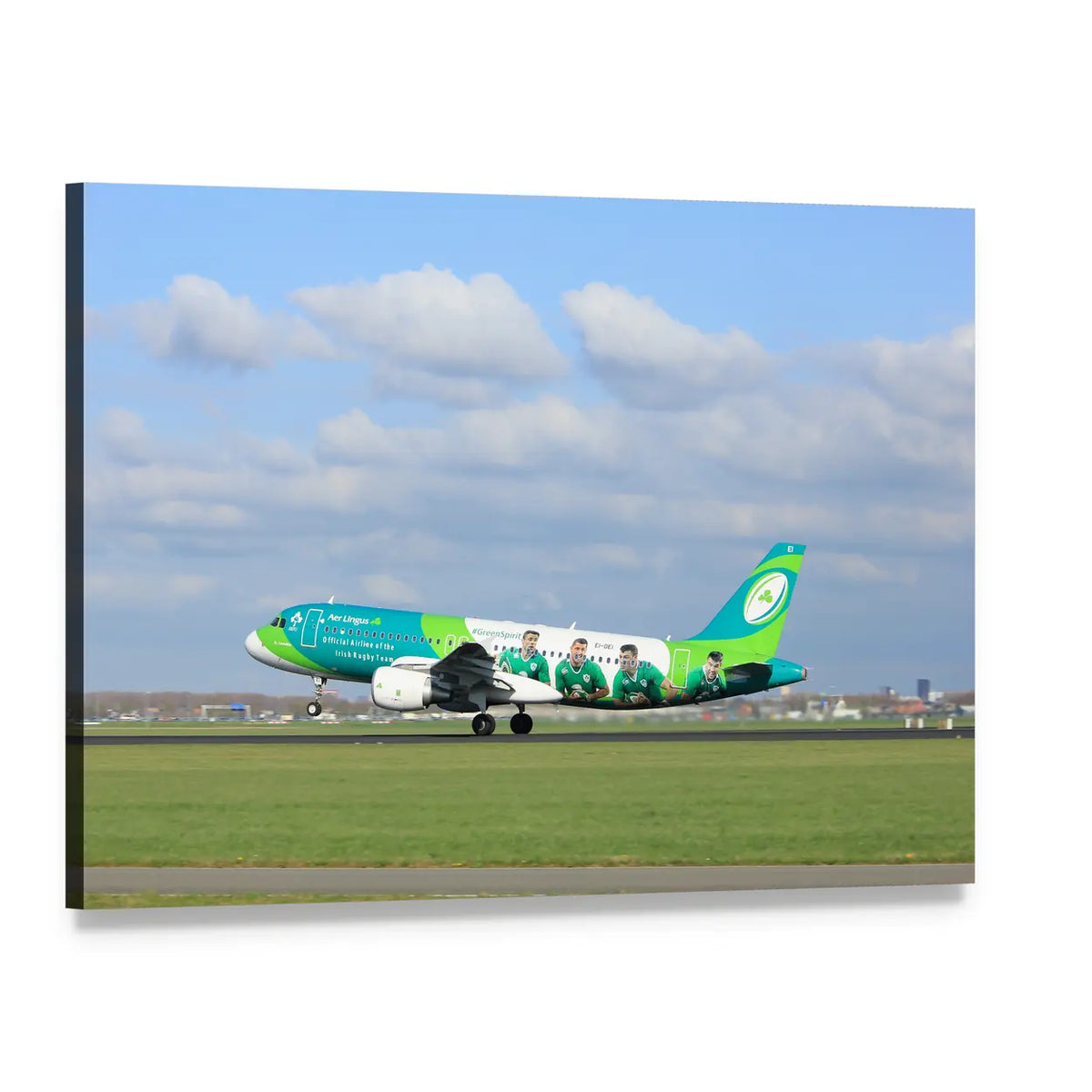 Airbus Landing on Runway Canvas Wall Art, single panel gallery wrapped canvas, angled product view