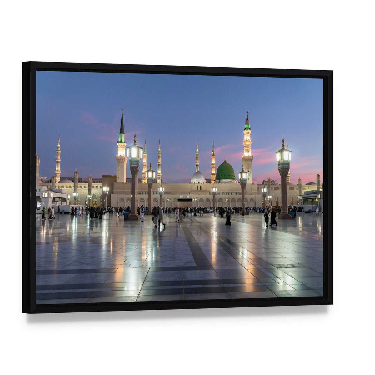 Prophet's Mosque Medina at Twilight Canvas Wall Art, framed canvas in a black floater frame, angled product view
