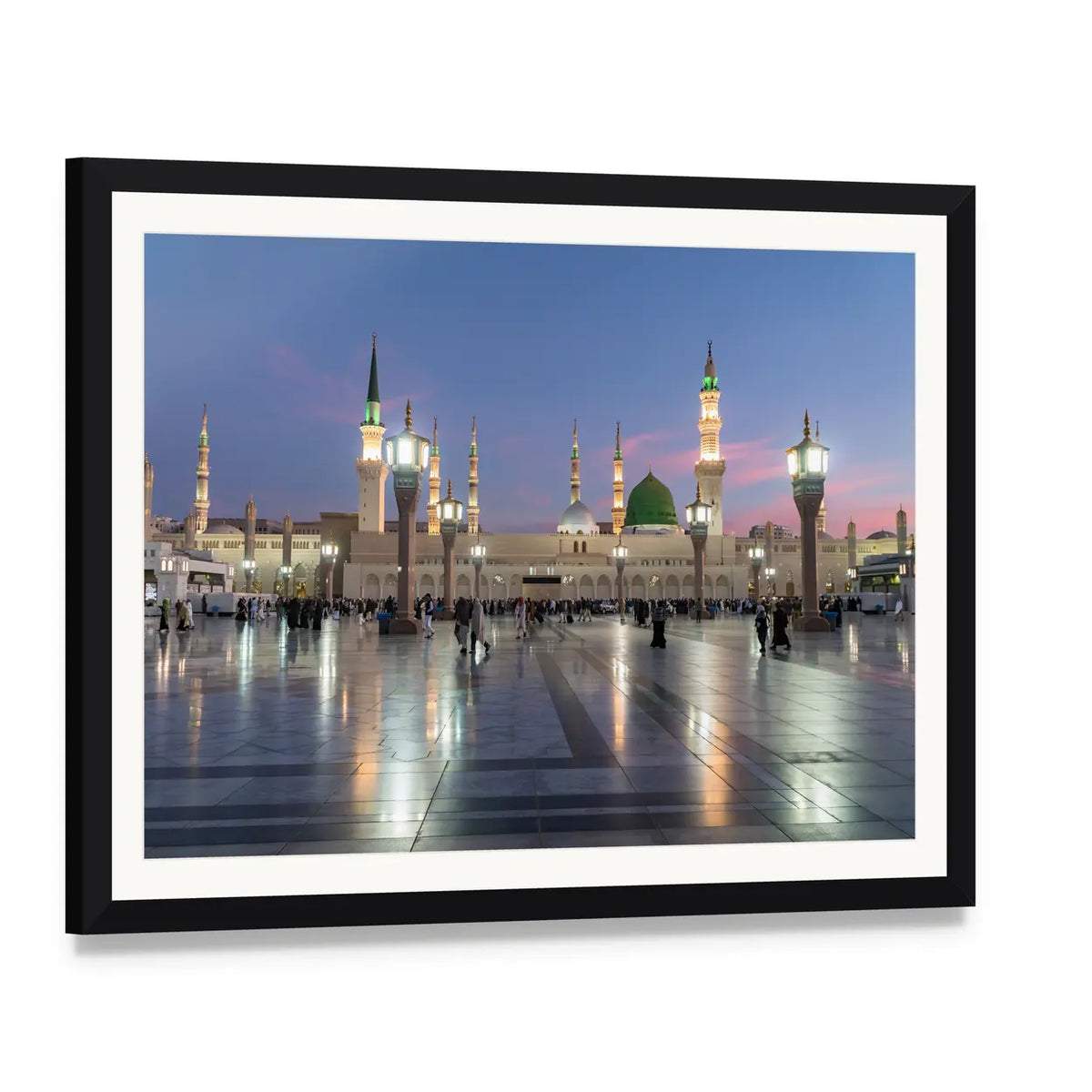 Prophet's Mosque in Medina at Dusk Canvas Wall Art, framed print with white mat and black frame, angled product view