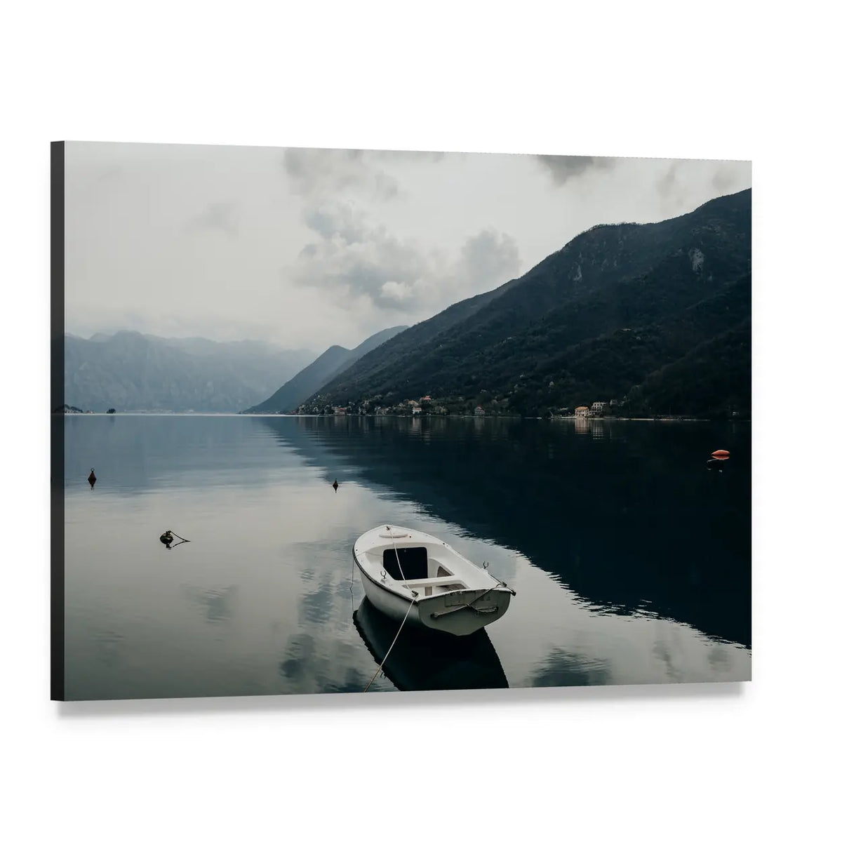 Boat on Bay of Kotor Canvas Wall Art, single panel gallery wrapped canvas, angled product view