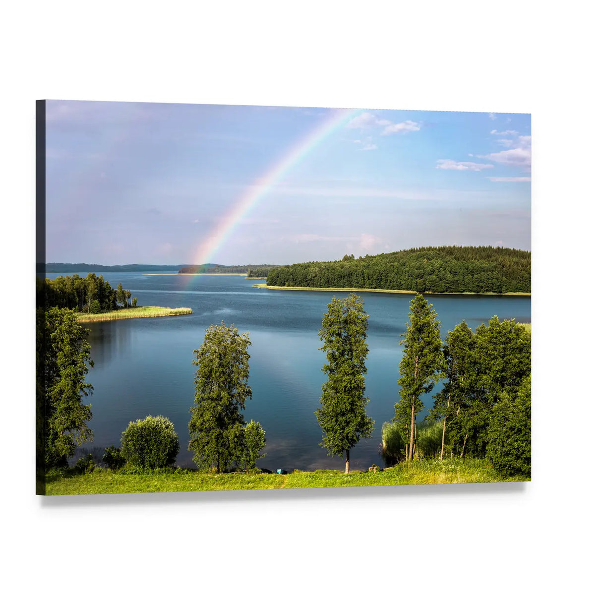 Summer Rainbow Over Serene Lake Canvas Wall Art, single panel gallery wrapped canvas, angled product view