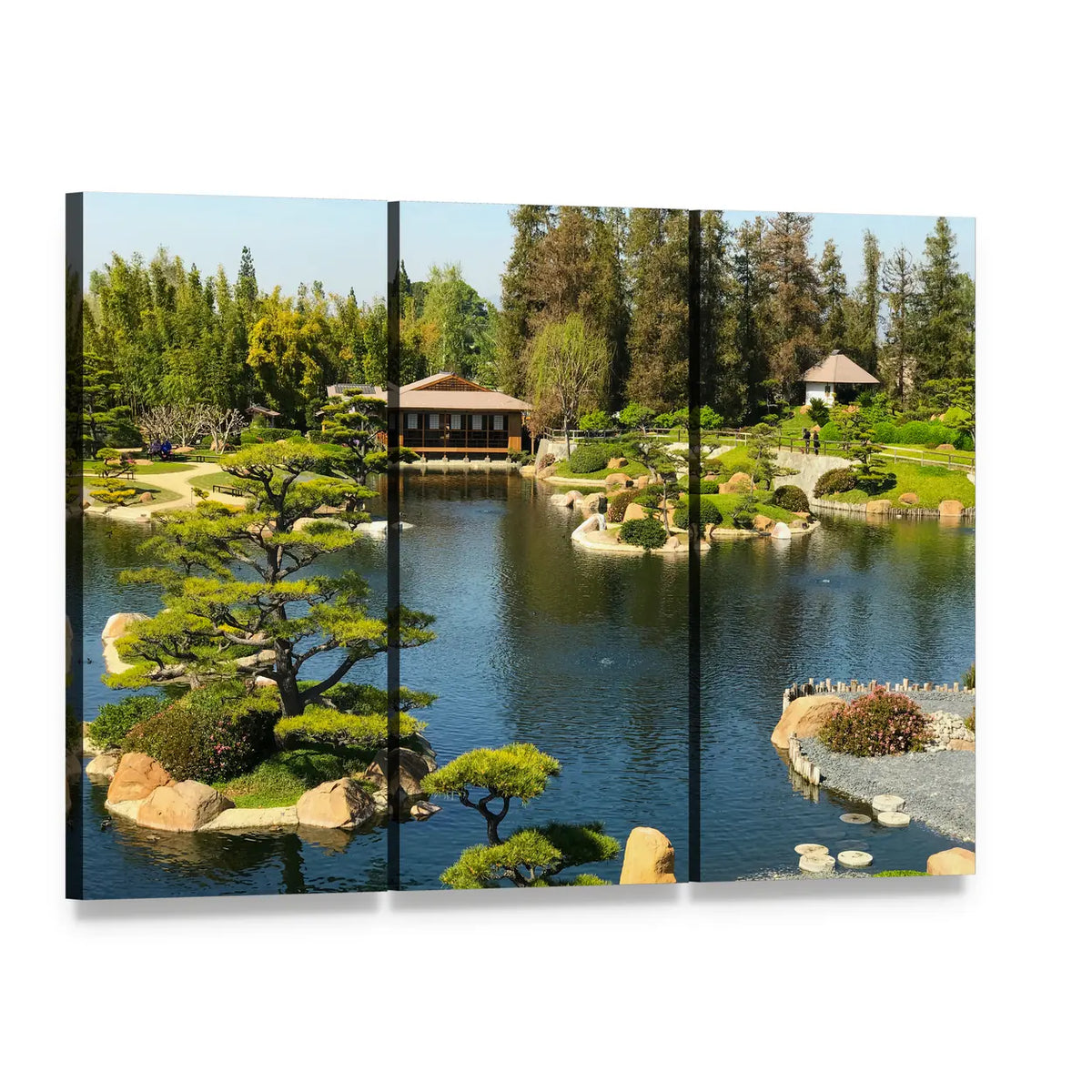 Japanese Garden Pond with Bridge and House Canvas Wall Art, 3 panel 3 Horizontal layout gallery wrapped canvas set, angled product view