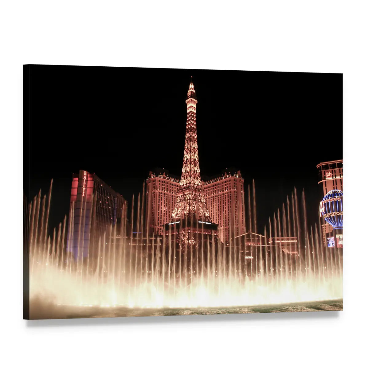 Bellagio Fountains at Night Canvas Wall Art, single panel gallery wrapped canvas, angled product view