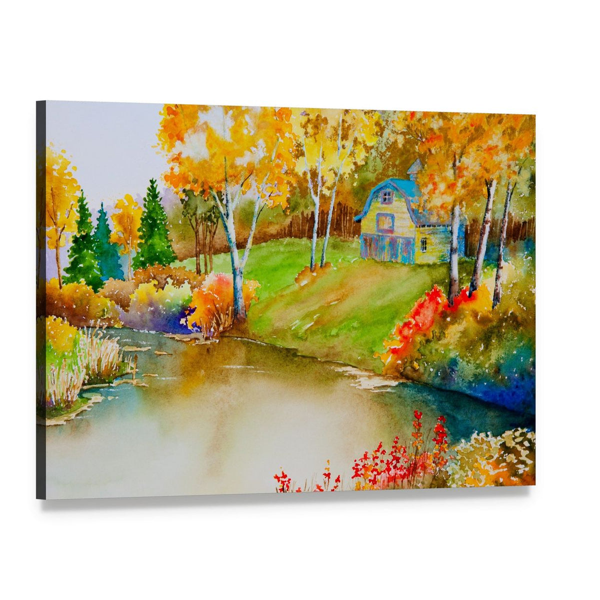 Barn & Pond in Autumn Canvas Wall Art, single panel gallery wrapped canvas, angled product view