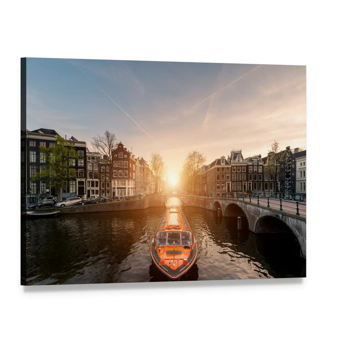 Cruise Ship on Amsterdam Canal Canvas Wall Art, single panel gallery wrapped canvas, angled product view
