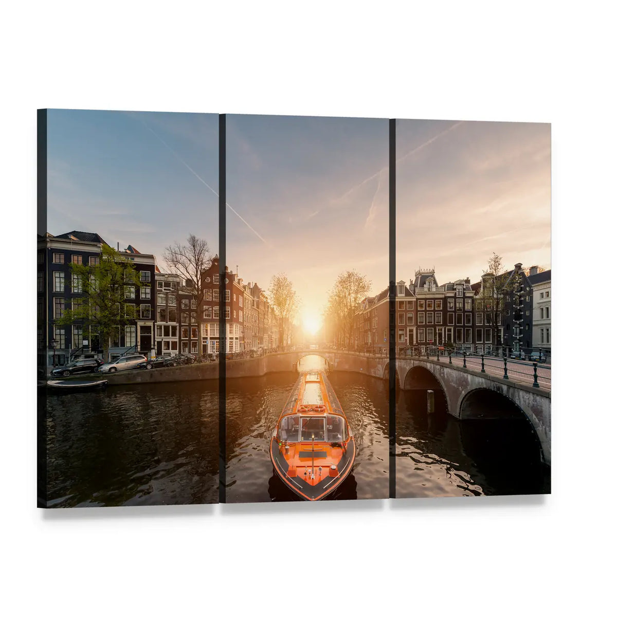 Cruise Ship on Amsterdam Canal Canvas Wall Art, 3 panel 3 Horizontal layout gallery wrapped canvas set, angled product view
