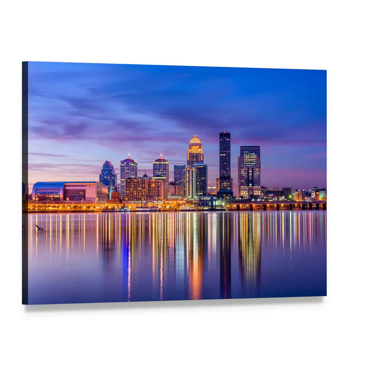 Twilight Riverside City Skyline Canvas Wall Art, single panel gallery wrapped canvas, angled product view